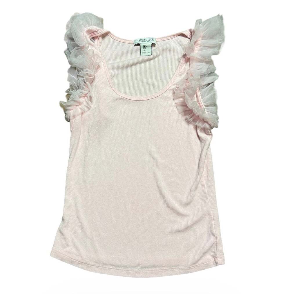 Rachel Zoe Women's Pink Ribbed Tank Top with Tulle Ruffle Sleeves Size S